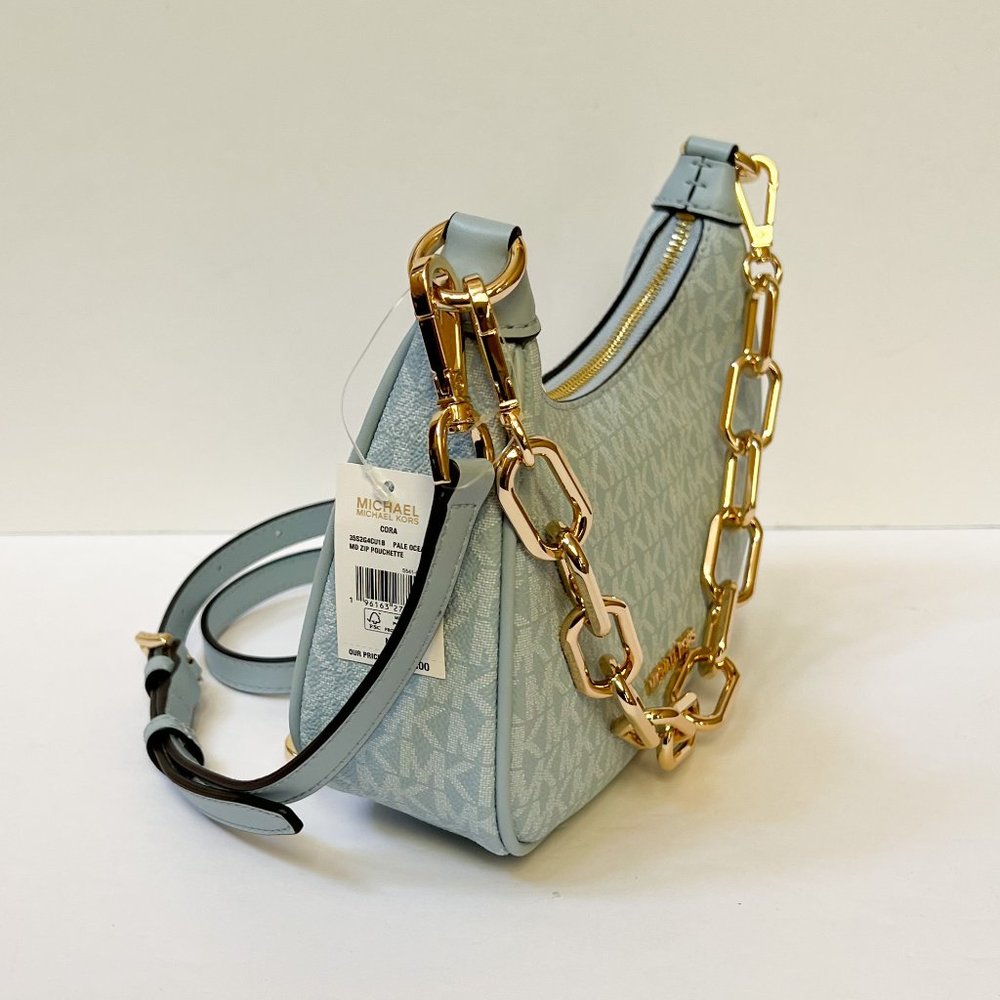 Michael Kors Cora Medium Shoulder Crossbody Bag MK Pale Ocean Blue - Picture 7 of 12